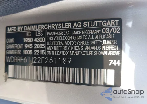 2002 Mercedes-Benz C 240 из США, поврежденный, VIN WDBRF61J22F261189